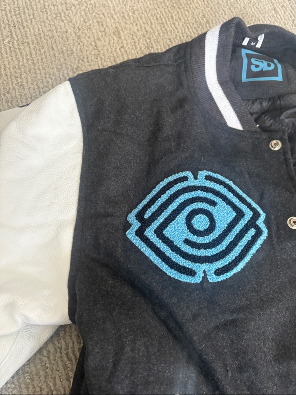 Black and White Varsity Jacket with Blue Appliqué - Picture 11 of 15